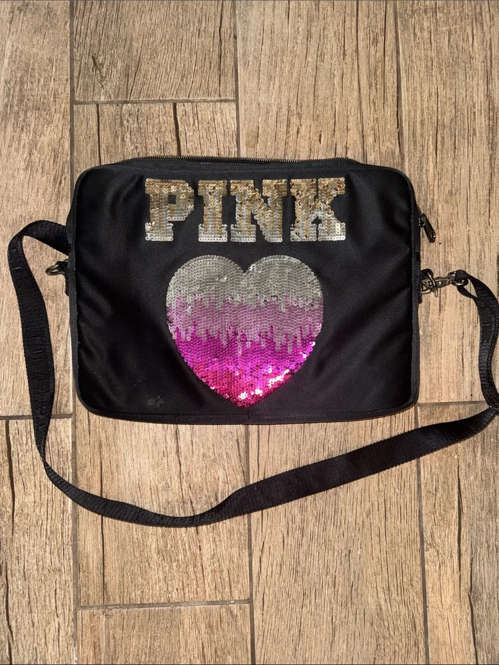 Vintage PINK Sequin Heart Crossbody Laptop Bag - Black with Pink/Silver Sequins